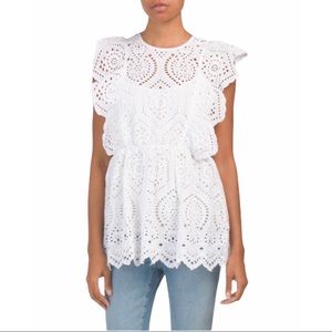 Solitaire Top White Eyelet Lace Scalloped Edge Shirt Size M